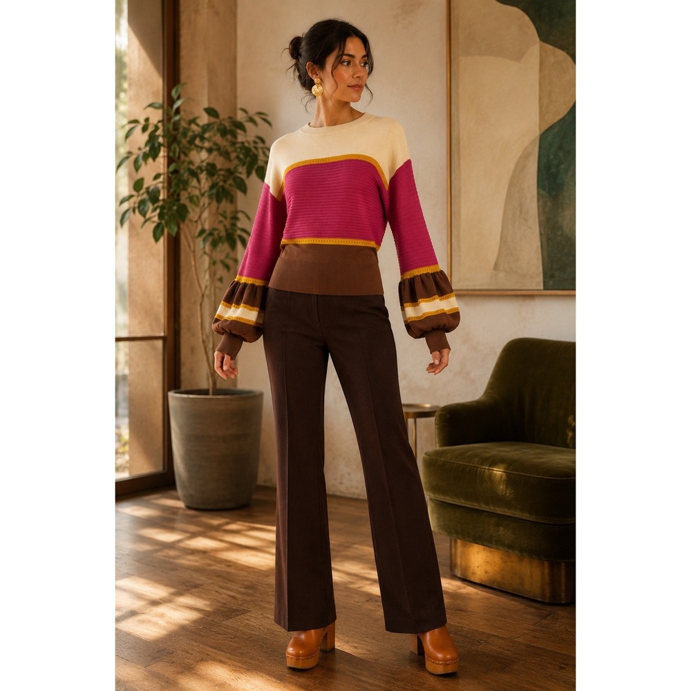 NY&Co Colorblock Balloon Sleeve Sweater Womens M Statement Earthy Mod Eclectic
